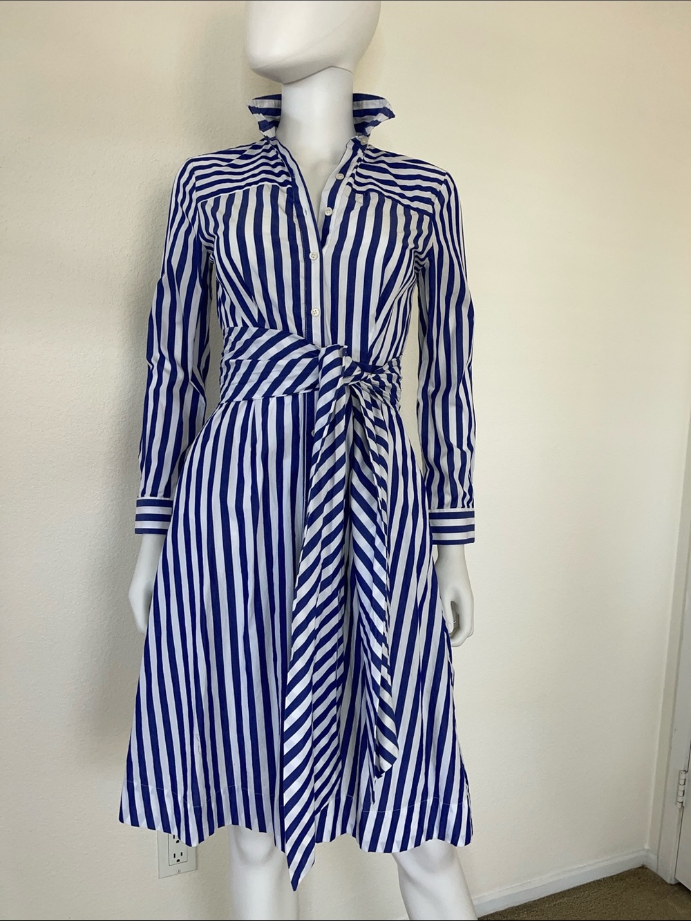 J. Crew Blue and White Vertical-Stripe Tie-Waist Midi Shirt Dress